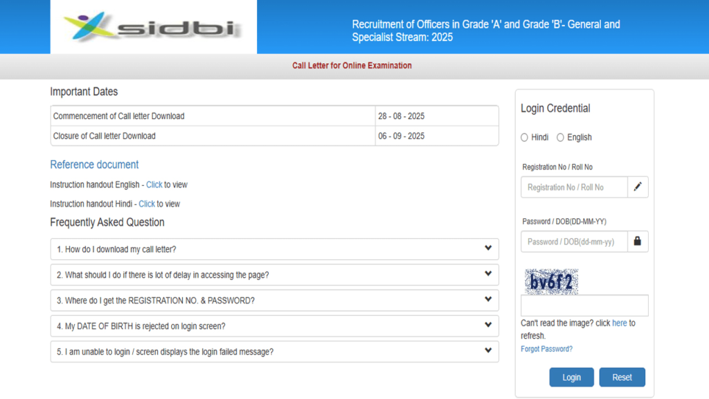 SIDBI Grade A & B Admit Card